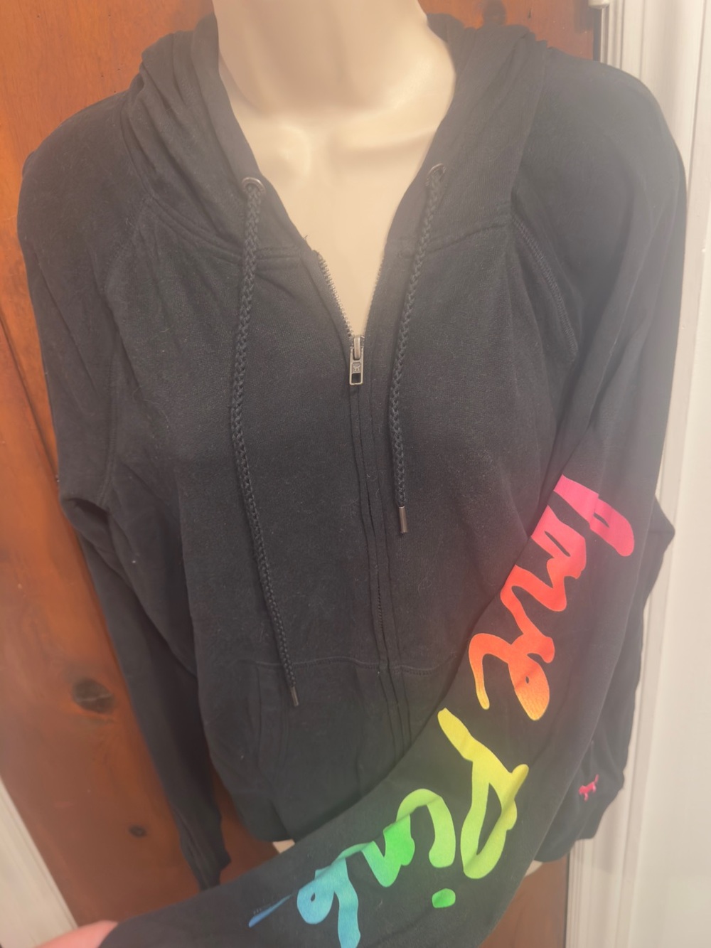 PINK Victoria's Secret Black Zip Hoodie with Rainbow Script Sleeve